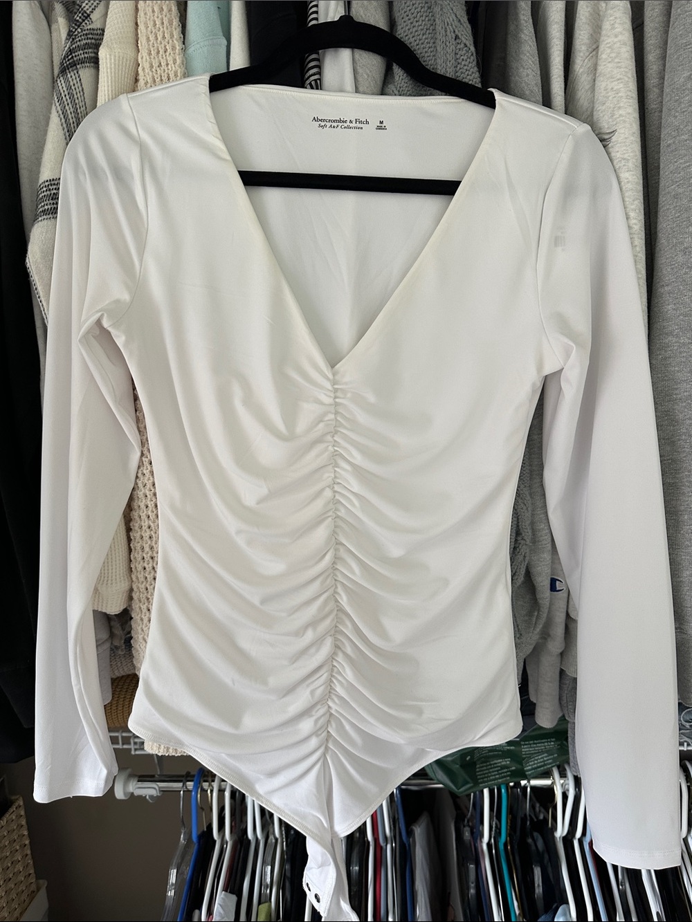 Abercrombie & Fitch White Ruched V-Neck Long Sleeve Bodysuit